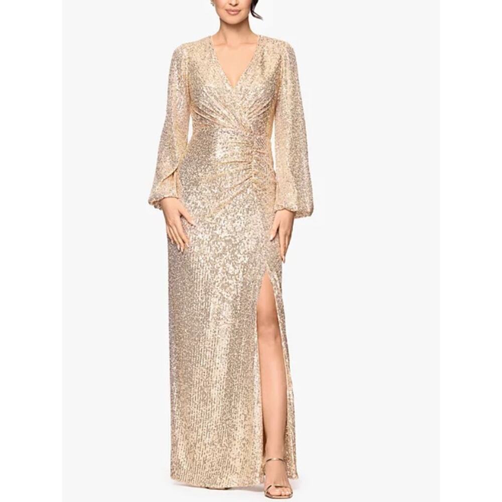 B&A Betsy and Adam Women's Sequin V-Neck Long Bell Sleeve Maxi Dress Size 16